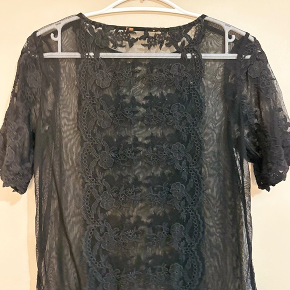 Black Mesh Tee with Lace Overlay and Scalloped Edges - Picture 10 of 13